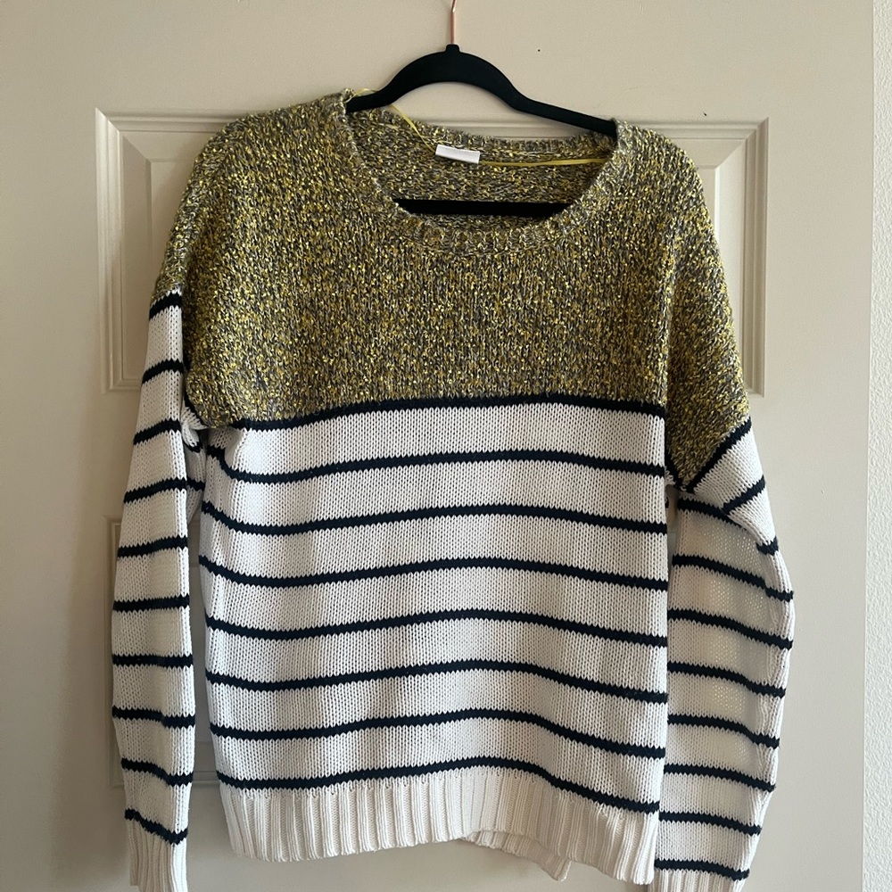 Vila cream and navy striped sweater with mustard color accent